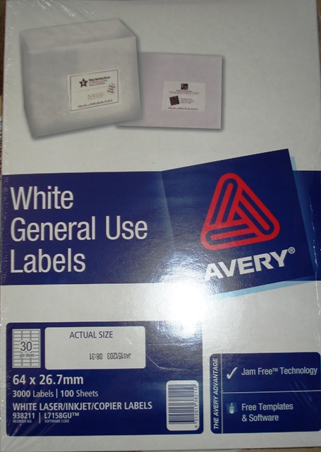 Avery 938211 L7158GU White Laser Label size 64x26.7mm Box 3000